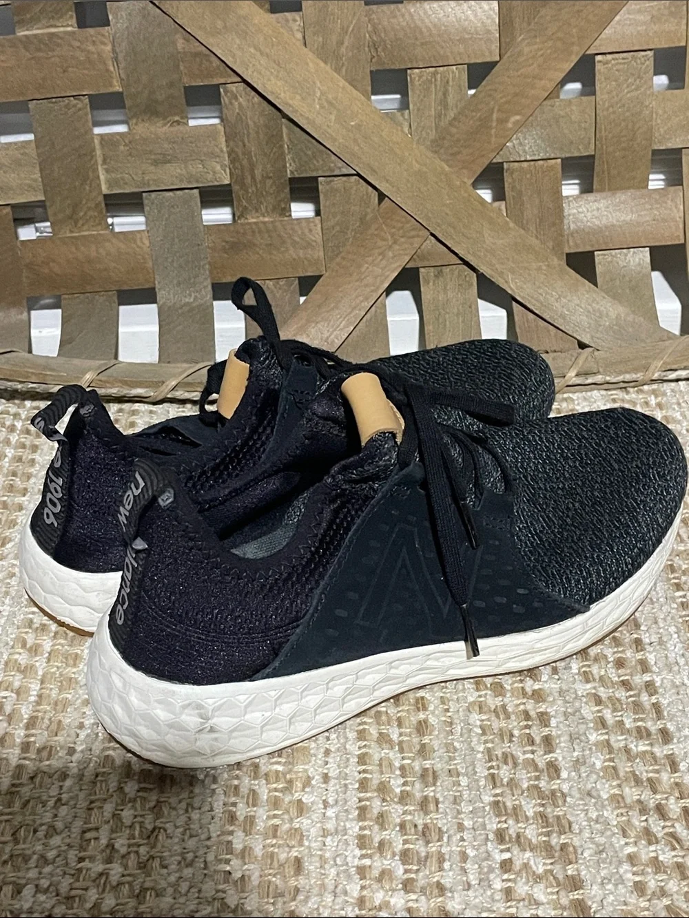 New Balance Black and White Athletic Sneakers with Tan Pull Tab
